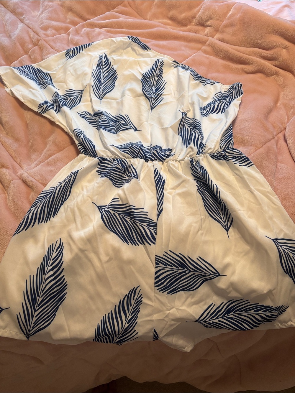 SHEIN One-Shoulder White Dress with Blue Leaf Print